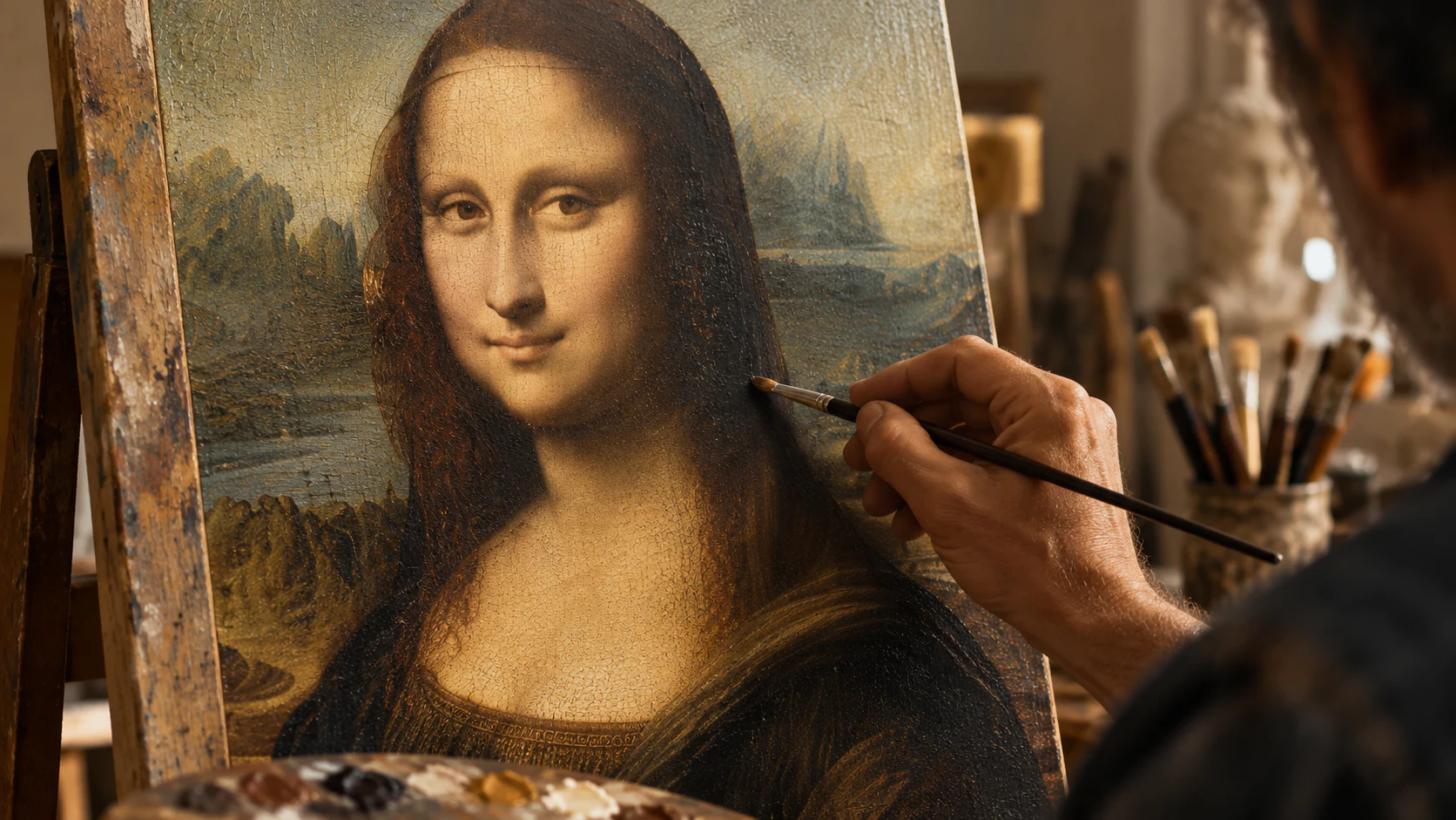 Schilder werkt met penseel aan een handgeschilderde Mona Lisa op een schildersezel
