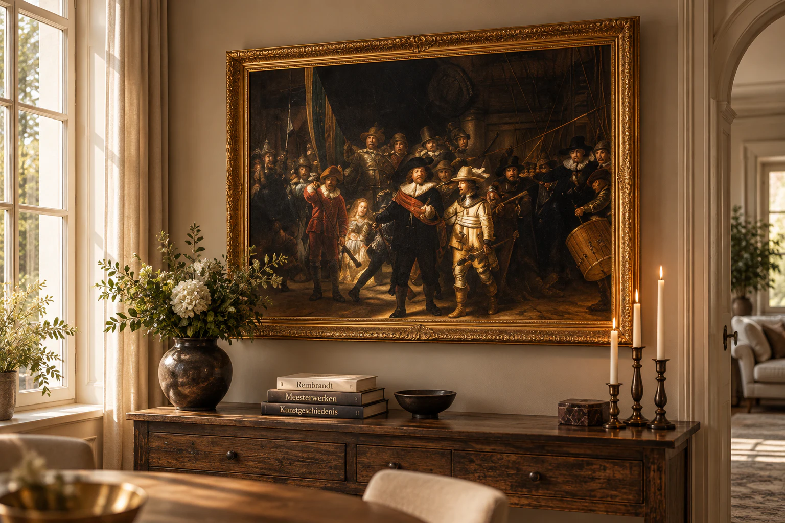 De Nachtwacht als groot schilderij in een warm klassiek interieur